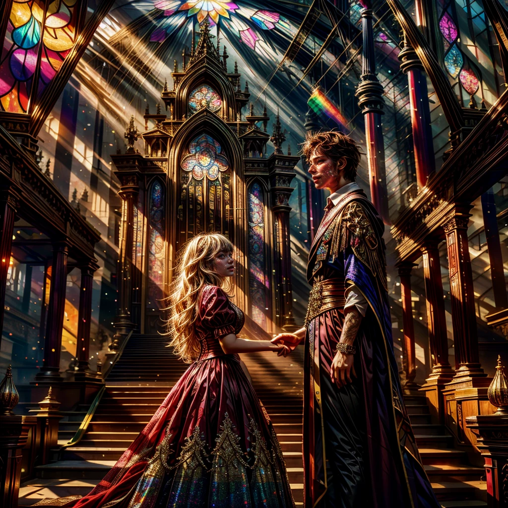  (Cathedral from below:1.28) VolumetricLighting (FullBody ZoomedOut:1.28 Wide-shot) ZoomLayer (BokeH:1.32), TopQuality 8K masterpiece of ((Professional photo)), (((Clarisse de Cagliostro))) (Detailed Delicate Red Dresses), Chain, Extremely detailed (KAWAII face) {(VeiledFace)|BlondeHair|(Spanking BuleEyes)}, The background is distant (((Elaborate stained glass))) Rainbow Glass, (MysticSight) {(GodRays)|Haze|TyndallEffect}, Radiant PearlSkin with Transparency, (Exposed:0.38)