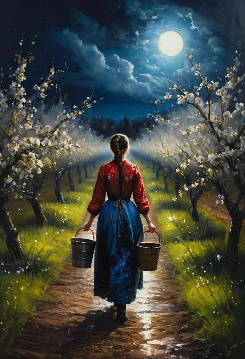 painting of a a woman in Russian folk clothes walks along a path, carries a yoke with buckets full of water, against the backdrop of a dark night blooming apple orchard, Inspiration, cinematic scene, volumetric lights, ultra realistic, in the style of nicola samori
