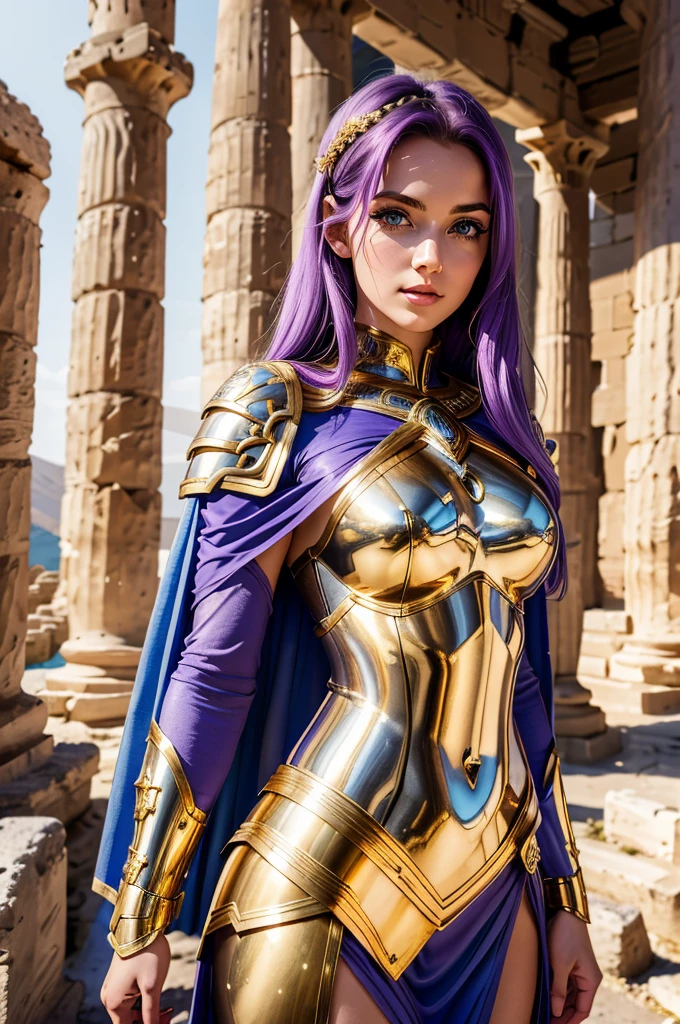 one woman, 25 year old, Greek goddness, purple hairs, blue eyes, greece, ancien temple, perfect bosy, masterclass, HD, 8k, wearing an armor, gold armor, armure cisellée, zodiac armor design, mythological armor, white cape, dark enegy aura, in an ancient greek temple in ruins