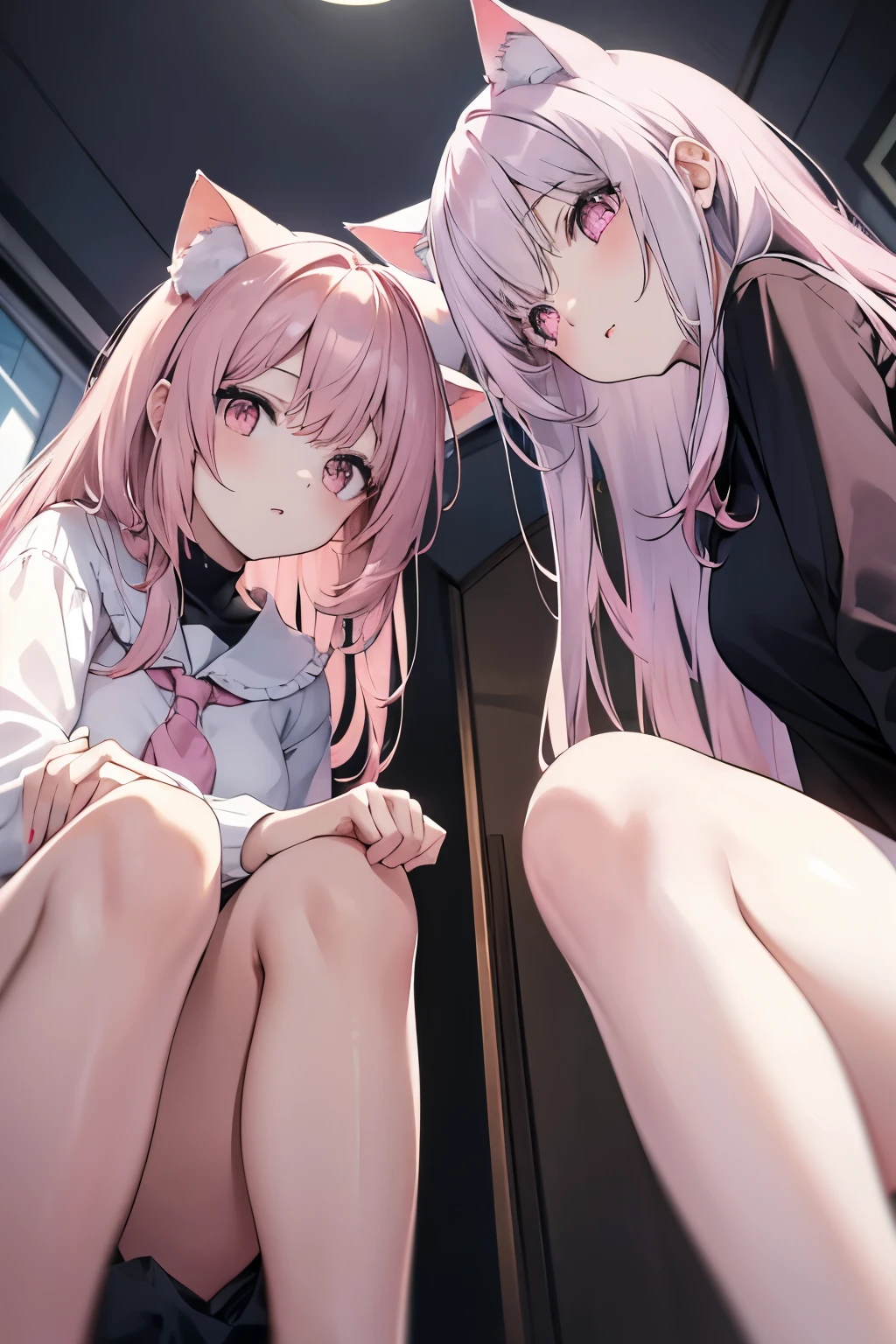 2girls in,(pale pink cat ears:1.2),pale pink long hair brown Bob hair,pink eyes, Hold eachother, crouching in classroom, (From below:1.4)
