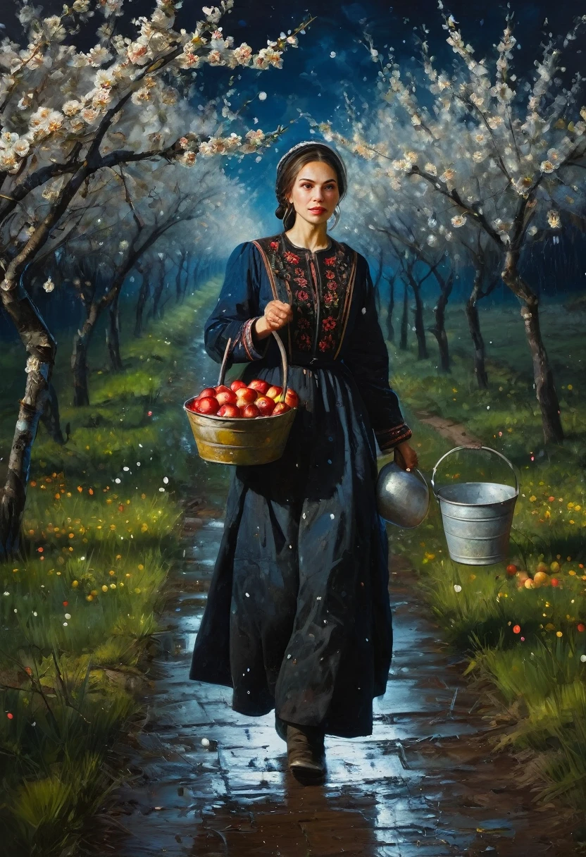 painting of a a woman in Russian folk clothes walks along a path, carries a yoke with buckets full of water, against the backdrop of a dark night blooming apple orchard, Inspiration, cinematic scene, volumetric lights, ultra realistic, in the style of nicola samori