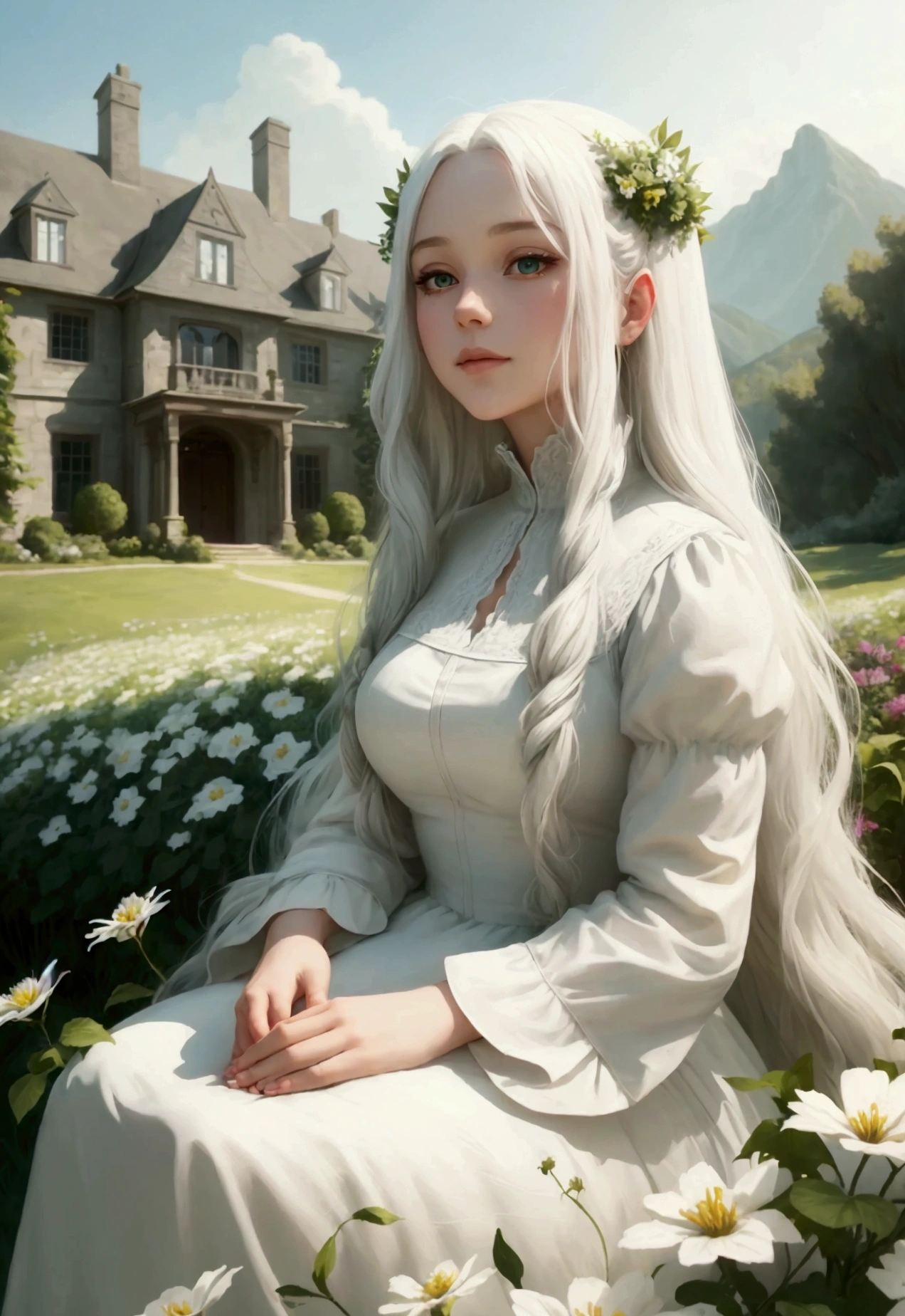 The background is a large house on top of a mountain, (masterpiece, best quality),1girl with long white hair sitting in a field of green plants and flowers, her hand under her chin, warm lighting, white dress, blurry foreground