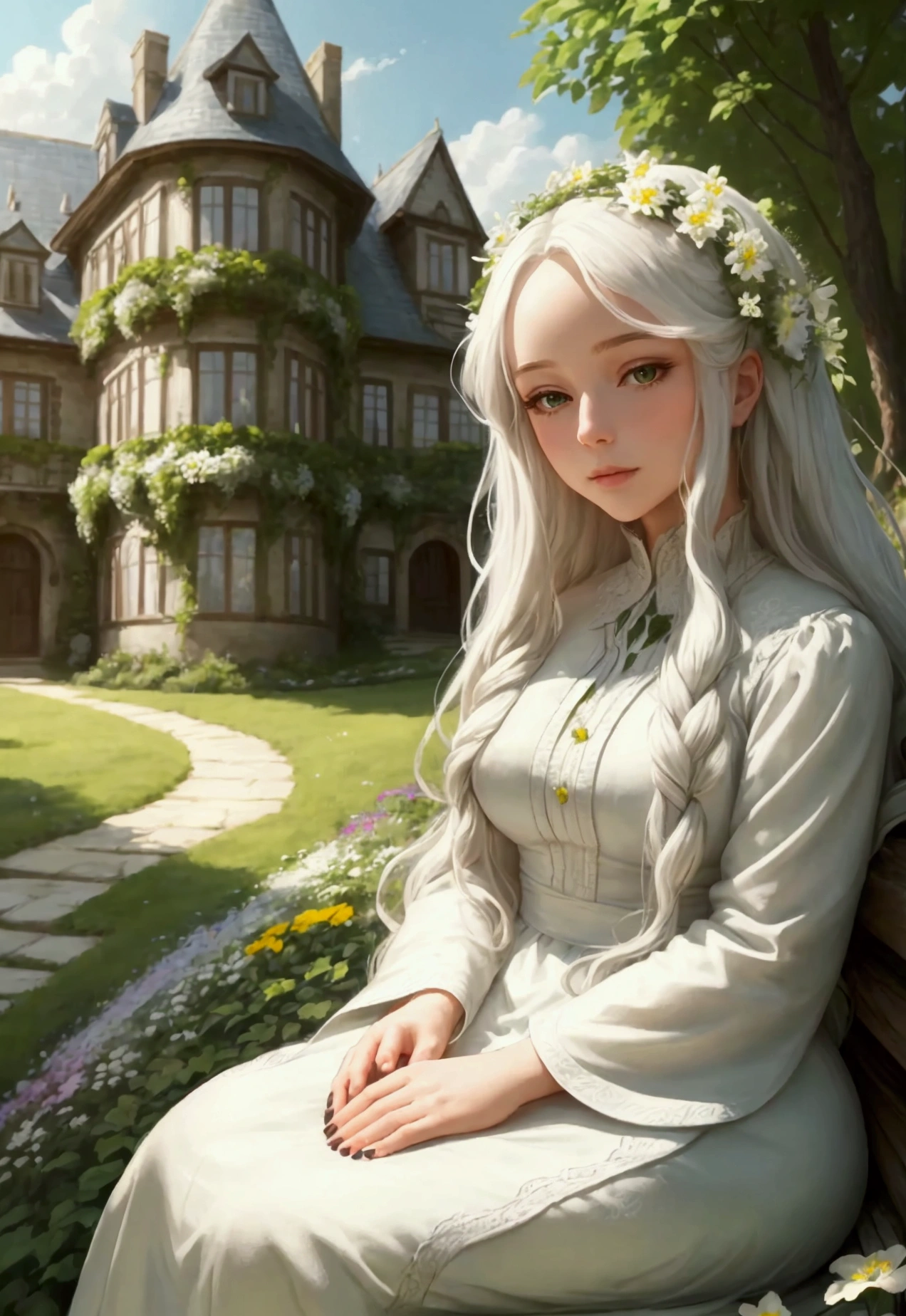 The background is a large house on top of a mountain, (masterpiece, best quality),1girl with long white hair sitting in a field of green plants and flowers, her hand under her chin, warm lighting, white dress, blurry foreground