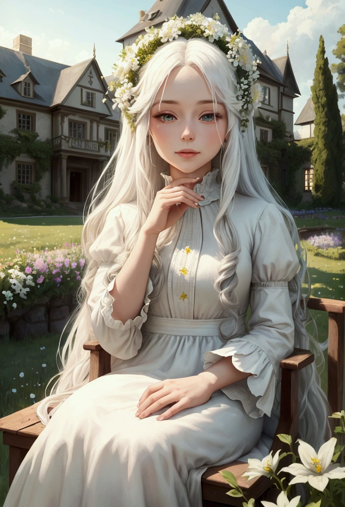 The background is a large house on top of a mountain, (masterpiece, best quality),1girl with long white hair sitting in a field of green plants and flowers, her hand under her chin, warm lighting, white dress, blurry foreground