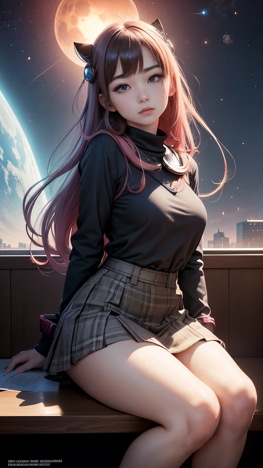 Mitzura Arghezi, Rudolf Koivu, Per Gustavsson, Haruyo Kawashima, Junko Mizuno, Yumiko Igarashi, Surrealism, wonder, strange, bizarre, fantasy, Sci-fi, Japanese anime, deserted square, Mars with a diameter of 3 meters floating on the ground, a beautiful high school girl in a miniskirt sitting at a study table observing Mars, perfect voluminous body, a glass orbital elevator that reaches to the sky in the distant background, detailed masterpiece Zoom in legs spread hyper realistic sharp focus embarrassing shy blushing seducing sweating skin glistening real