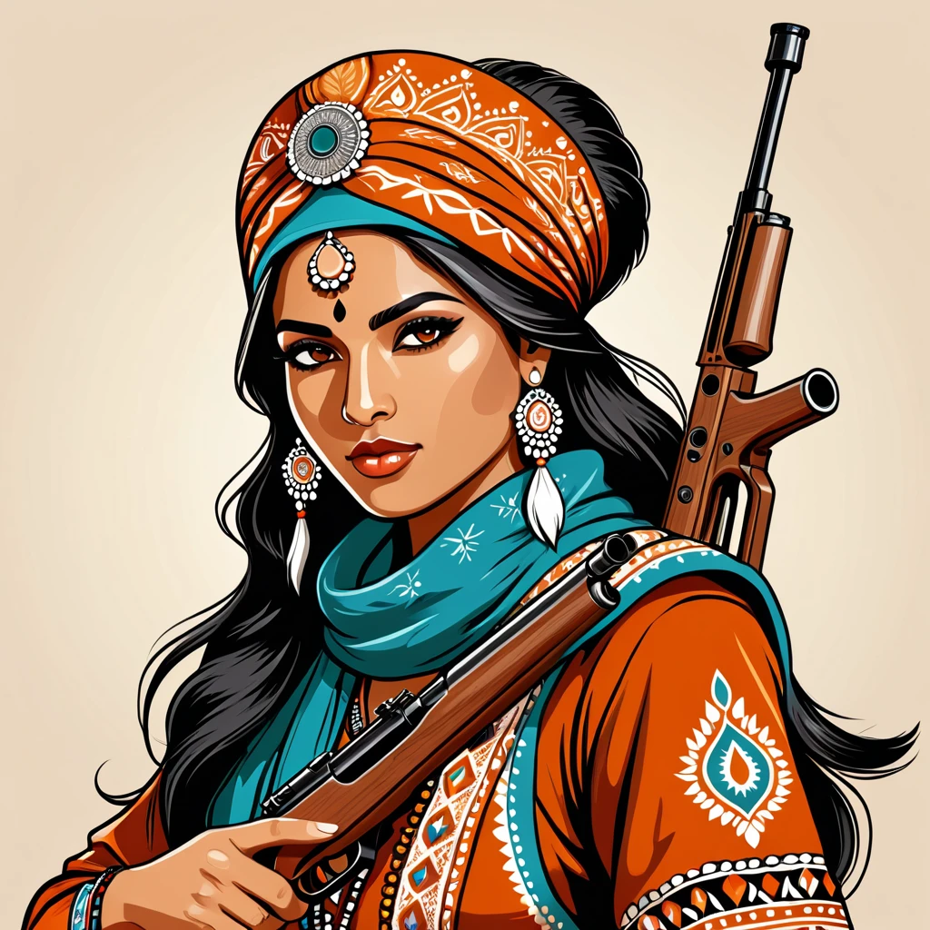 female	sniper	in indian folk outfit	,vector graphics, strong contours, logo design																						