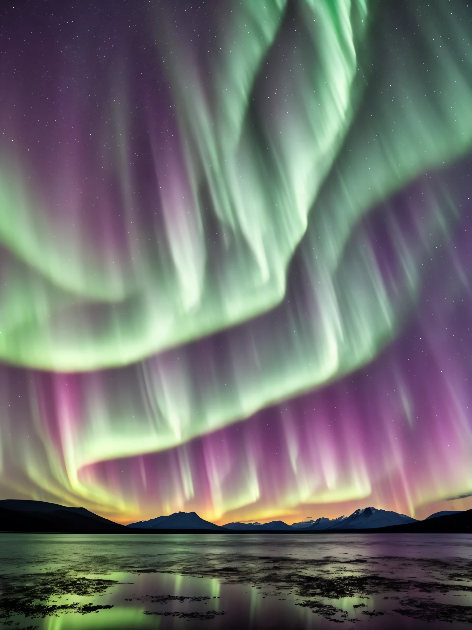 the aurora bore over a lake with mountains in the background, a picture by Harald Giersing, trending on unsplash, hurufiyya, northern lights, with aurora borealis in the sky, aurora borealis, ❤🔥🍄🌪, dramatic aurora borealis, infused with aurora borealis, epic stunning atmosphere, norway