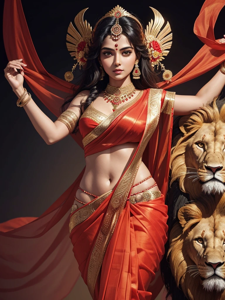 (Highly detailed), (Illustration), (Convoluted), (Beautiful face), (Attractive body), (Complete Body Picture), Modern Indian Goddess, (Transparent Red Sari), Dynamic Pose, God's Crown, (Lion Standing Nearby), Colorful, Eye-catching, Heavenly.full outfit black