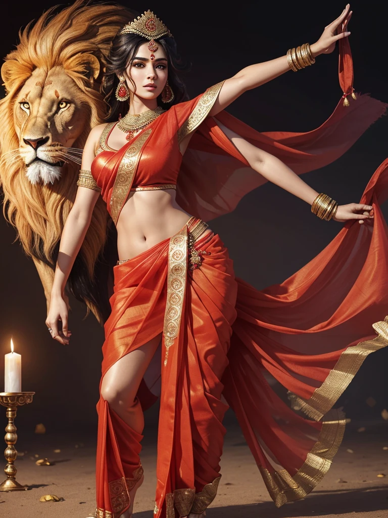 (Highly detailed), (Illustration), (Convoluted), (Beautiful face), (Attractive body), (Complete Body Picture), Modern Indian Goddess, (Transparent Red Sari), Dynamic Pose, God's Crown, (Lion Standing Nearby), Colorful, Eye-catching, Heavenly.full outfit black