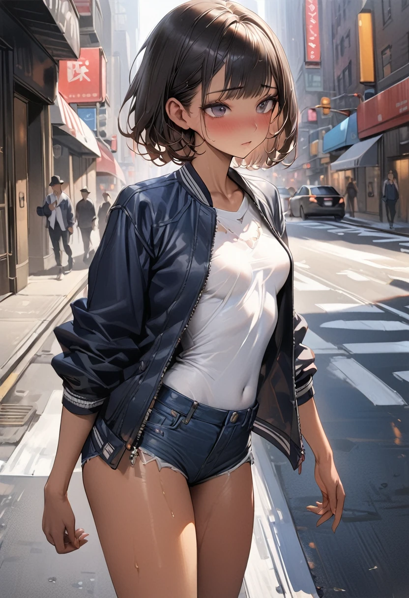 ((masterpiece,Highest quality:1.3,best quality illustration)),realistic、cowboy shot,独奏,1woman,(Mature Beauty),black hair,(very short bob hair),bangs,black eyes,(gorgeous big eyes),(very small head),shy,(very long body,skinny,slender body,tan skin),small breasts,gleaming skin,oily skin,(Navy blue baseball jacket、White T-shirt、denim micro shorts、on street,New York City、