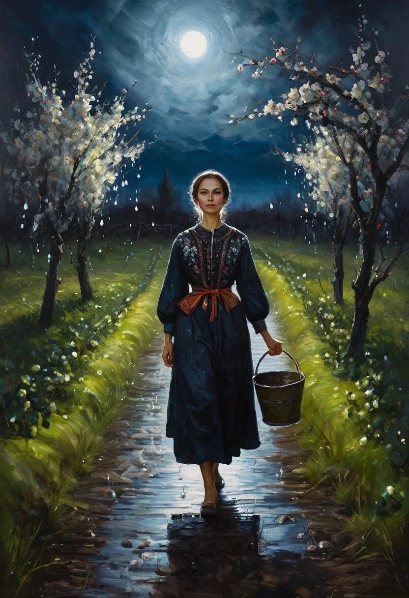 painting of a woman in Russian folk clothes walks along a path, ((carries a yoke with buckets full of water)), against the backdrop of a dark night blooming apple orchard, dark atmosphere, Inspiration, cinematic scene, volumetric lights, ultra realistic, in the style of nicola samori