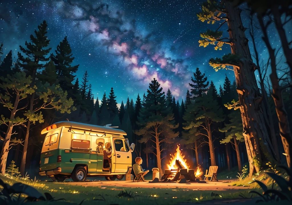 Draw a lofi anime poster style scene of a van in the forest, fairy decoration, camp fire, BBQ, starry sky, wilderness, dense forest, natta, beautiful color palette, vibrant saturated colors, work of art, cinematic cloudy sky, no human