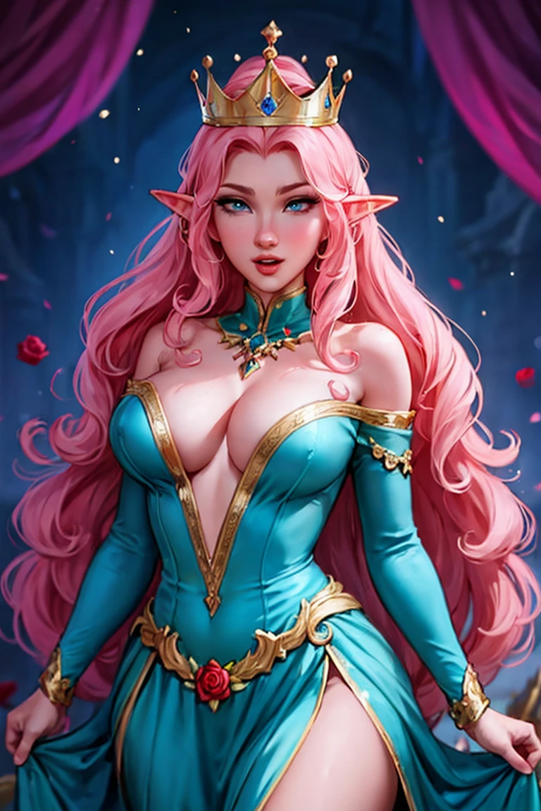 Woman, long wavy hair, pink hair, blue eyes, elf,Crown, holding roses, happy, big , sexy, powers, dragon next to ,Dress, 