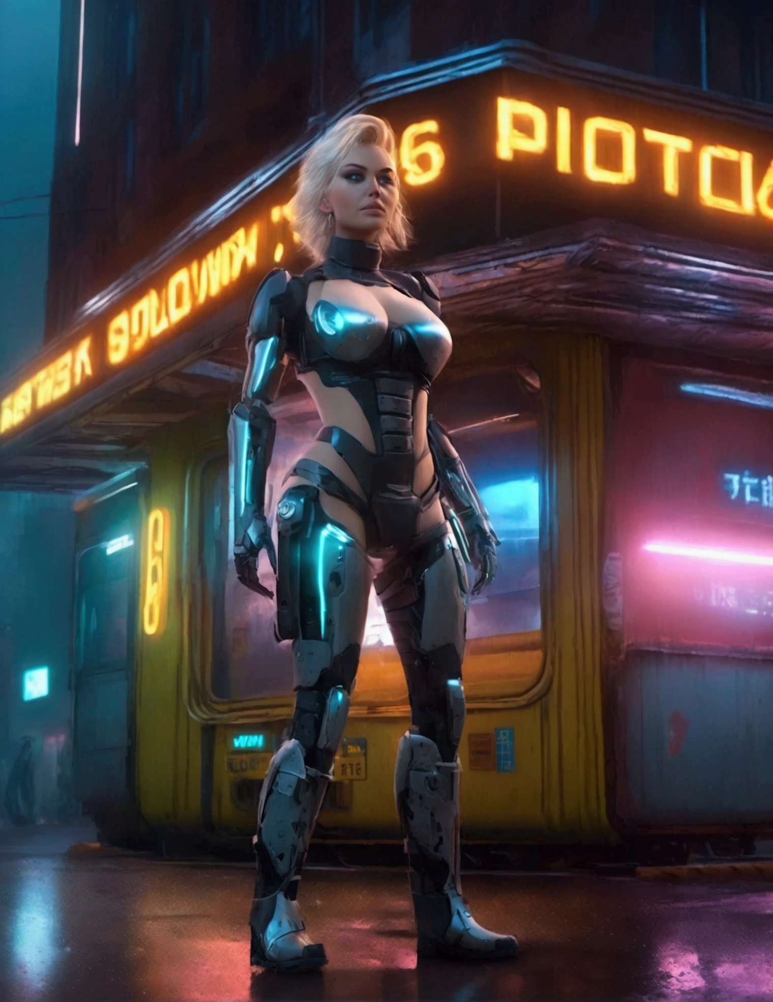 A cute woman (cate blanchett, sagging breasts), neon trim sexy battle suit, wielding an enormous laser sword, Neo Tokyo at night