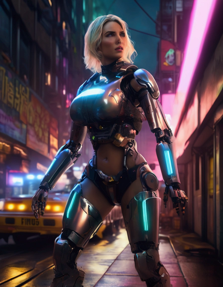 in the style of Artgerm and Adam Hughes, a woman covered in intricate white cybernetics, blue led lights, battle suit, cleavage, high tech, cyberpunk city background, ultra high def, 32k,