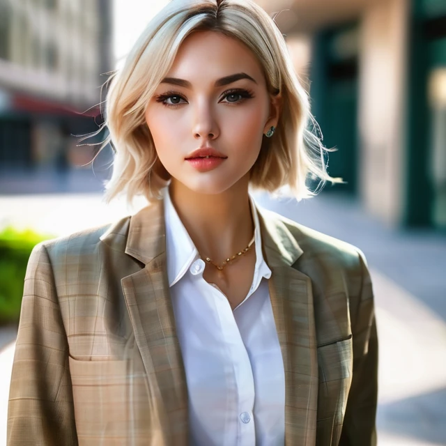 beautiful blonde woman wearing blazer, in the style of light green and beige, short-haired woman, dark gray and light beige, blonde hair, jewelry, earrings, mole, short hair, sleeves past wrists, looking to the side, looking away, shirt, white shirt, realistic, mole on neck, big lips, shcool uniform, skirt, plaid skirt 