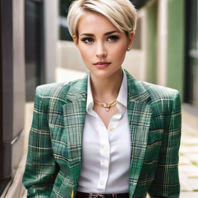 beautiful blonde woman wearing blazer, in the style of light green and beige, short-haired woman, dark gray and light beige, blonde hair, jewelry, earrings, mole, short hair, sleeves past wrists, looking to the side, looking away, shirt, white shirt, realistic, mole on neck, big lips, shcool uniform, skirt, plaid skirt