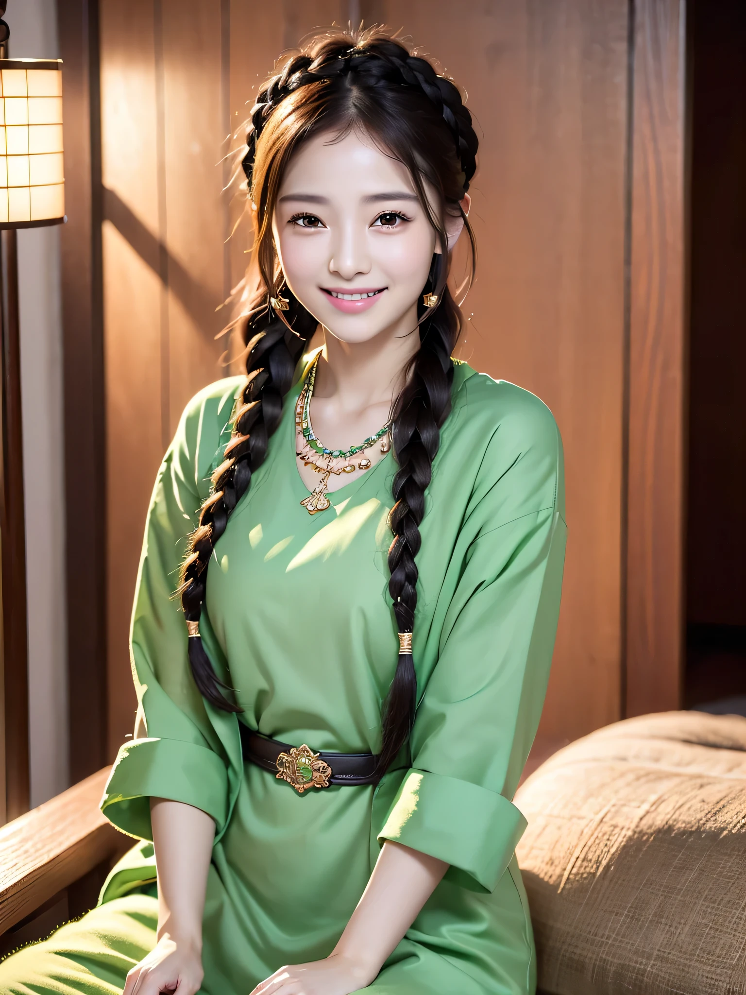 ((sfw:1.5))、masterpiece, Highest quality, (Highly detailed CG Unity 8k wallpaper), (Highest quality)、1 female、Arabian woman with braids and green necklace is smiling,Japanese , Traditional beauty, Young and adorable Korean face
