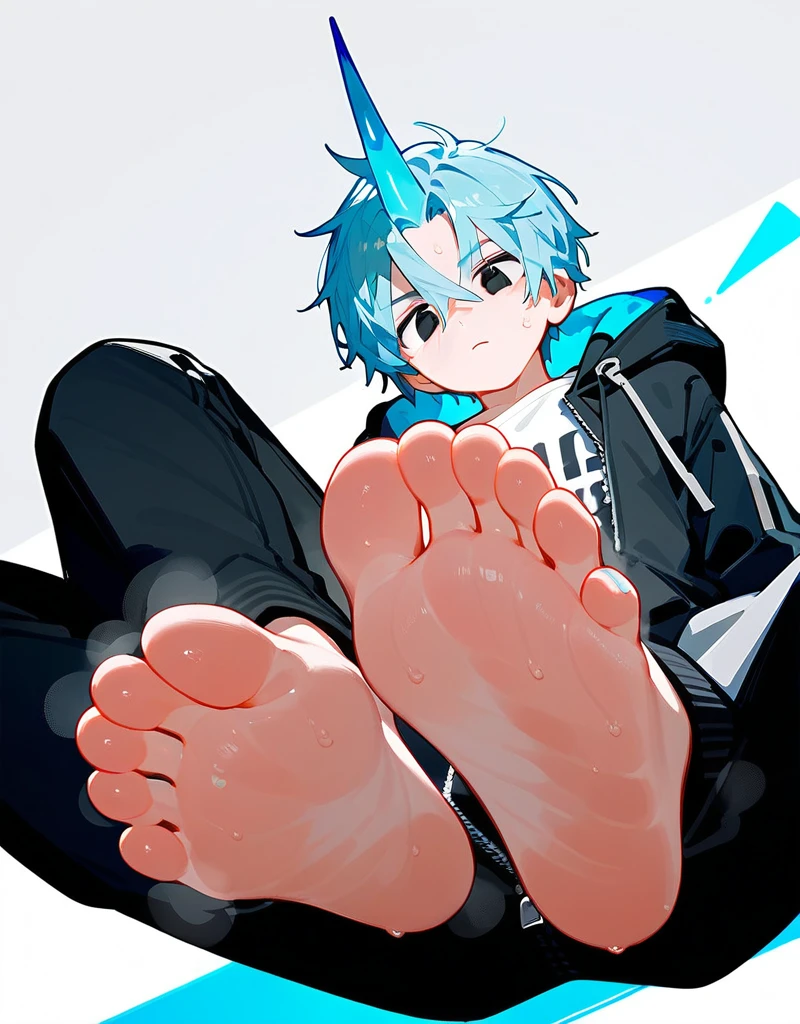 A boy showing his stinky feet low angle, barefoot, Sweating on the soles of the feet, Foot Focus,White T-shirt, Wearing a white and black hooded jacket,Unzipped hooded jacket, There are bangs between the eyes,short hair,Light blue hair, Black pants, Anatomically correct, There is a single, stubby, blue horn in the center of the forehead., black eyes, Look at the audience