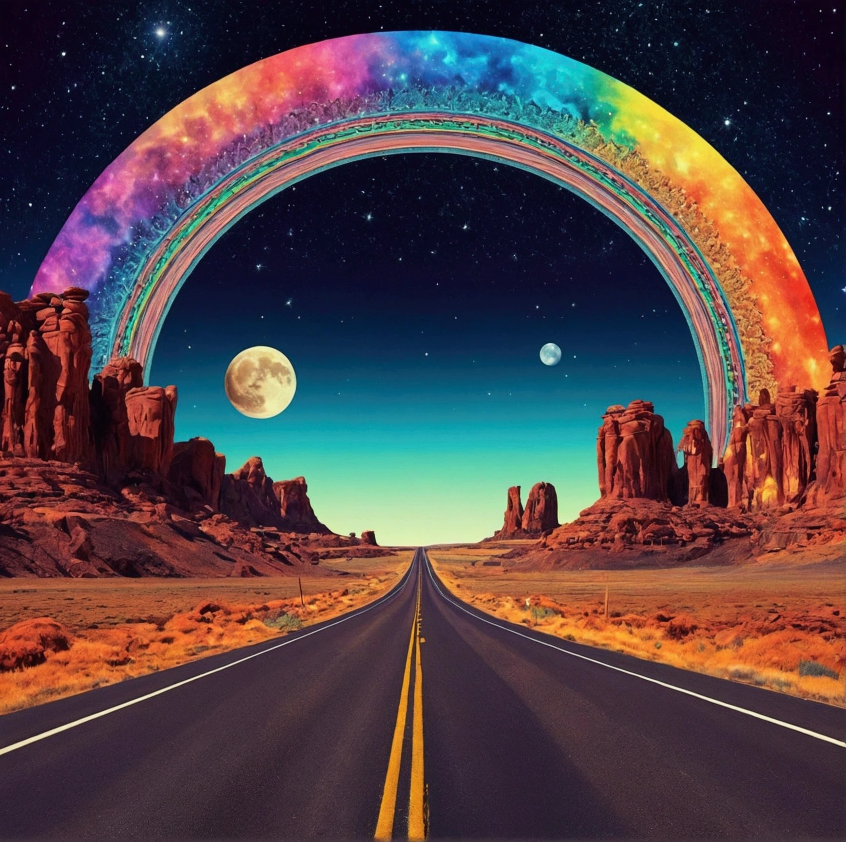 trippy image- colorful- used for people who are high- moon- road- road trip- sky