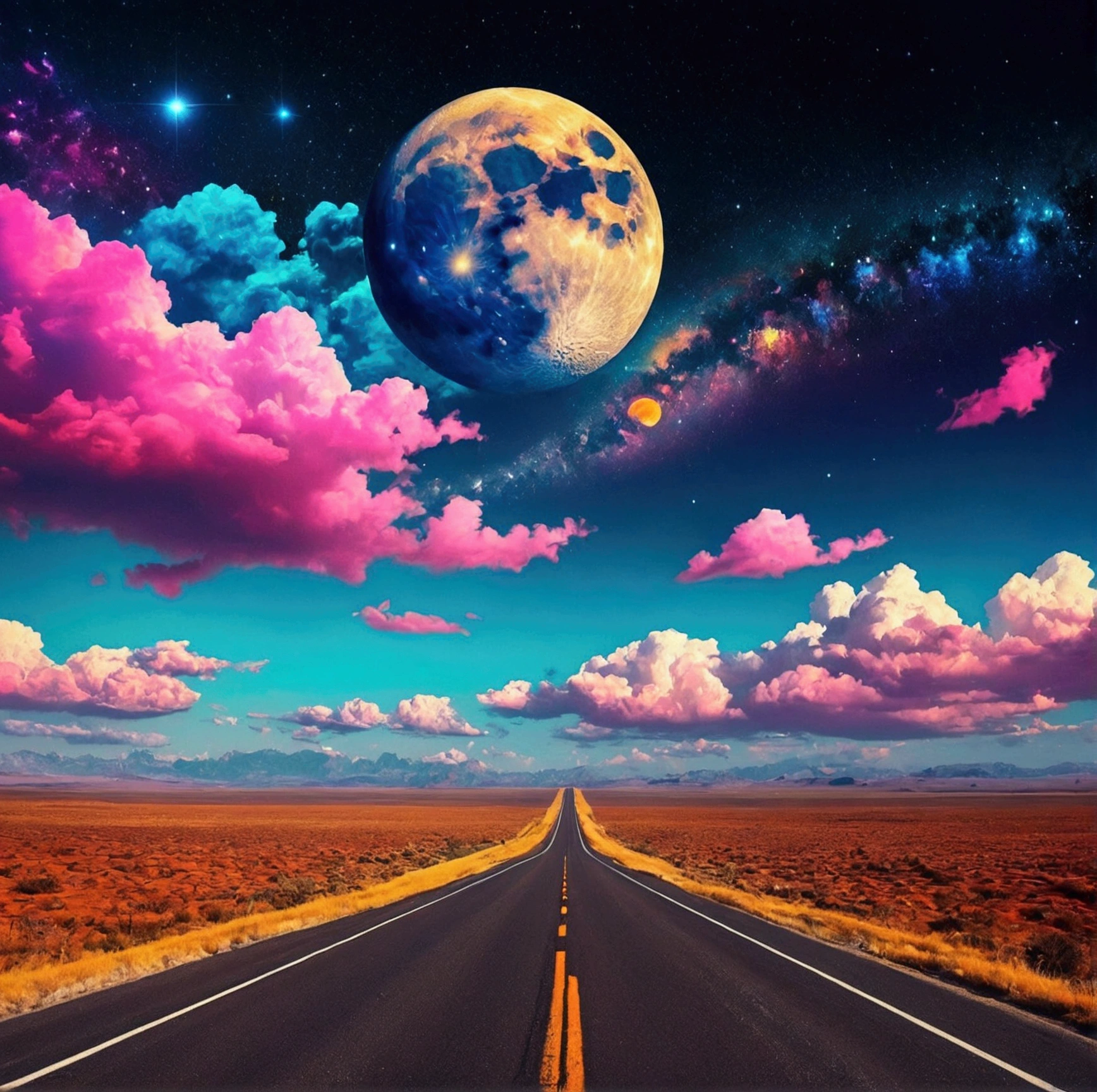 trippy image- colorful- used for people who are high- moon- road- road trip- sky