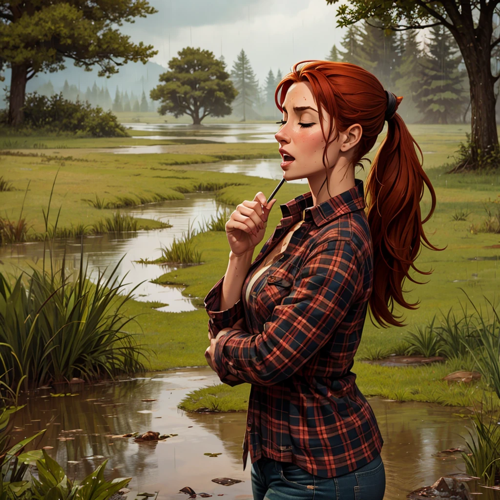 Comic style, solo girl, 1girl, Drowned in quicksand, swamp, bog, grass, tree, wearing unbuttoned flannel shirt, orgasm, looking up, eyes closed, from side, blush, muddy, messy, dirty, overcast weather, rain, Cowboy Shot, red hair, Ponytail,