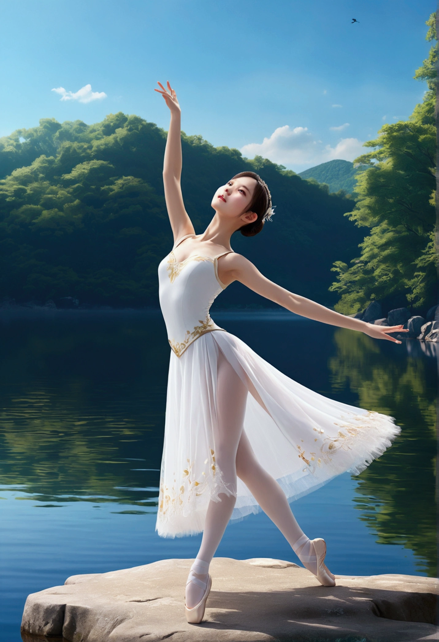 (a girl,best quality現,real picture:1.4) (1 girl), (超High resolution:1.2), Very delicate and beautiful, wonderful, Highly detailed CG Unity 8K wallpaper, Super detailed, High resolution, Soft Light, Beautiful and attentive girl, Highly detailed eyes and faces, Beautifully detailed nose, beautiful and delicate eyes,)( movie lighting, perfect anatomy, slim body,) (Standing with left foot on the rock by the lake.Lift your right foot high. Exquisite foot details)(push your right hand forward.Stretch your left hand back.Exquisite hand details)(imitation ballet《Swan Lake》scene). Smiling and dancing ballet towards the lake .best quality、masterpiece、超High resolution、(Photo realism:1.4)、original photo)(shadow、Octane Rendering、8k、Super sharp. realistic light)、 Beautiful Japanese girl wearing white ballet costume,Standing on the rocks by the lake in the afternoon。Against the background of blue sky and heart-shaped lake。