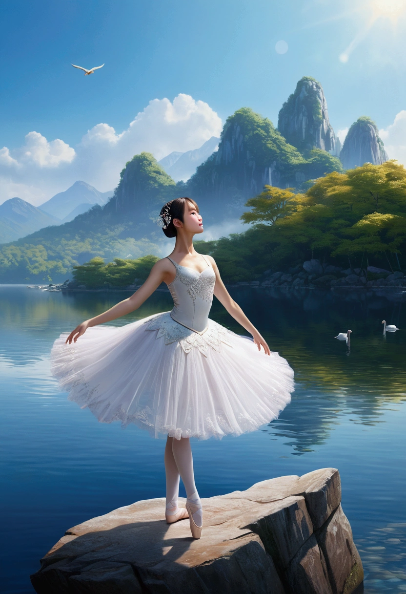 (a girl,best quality現,real picture:1.4) (1 girl), (超High resolution:1.2), Very delicate and beautiful, wonderful, Highly detailed CG Unity 8K wallpaper, Super detailed, High resolution, Soft Light, Beautiful and attentive girl, Highly detailed eyes and faces, Beautifully detailed nose, beautiful and delicate eyes,)( movie lighting, perfect anatomy, slim body,) (Standing with left foot on the rock by the lake.Lift your right foot high. Exquisite foot details)(push your right hand forward.Stretch your left hand back.Exquisite hand details)(imitation ballet《Swan Lake》scene). Smiling and dancing ballet towards the lake .best quality、masterpiece、超High resolution、(Photo realism:1.4)、original photo)(shadow、Octane Rendering、8k、Super sharp. realistic light)、 Beautiful Japanese girl wearing white ballet costume，Standing on the rocks by the lake in the afternoon。Against the background of blue sky and heart-shaped lake。