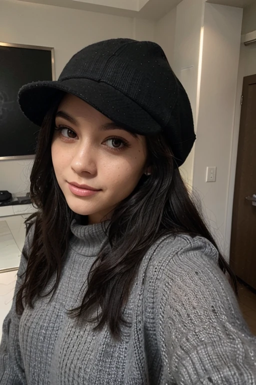 Sexy girl with long black hair taking a selfie in a black mask and a gray sweater and wearing a black hat