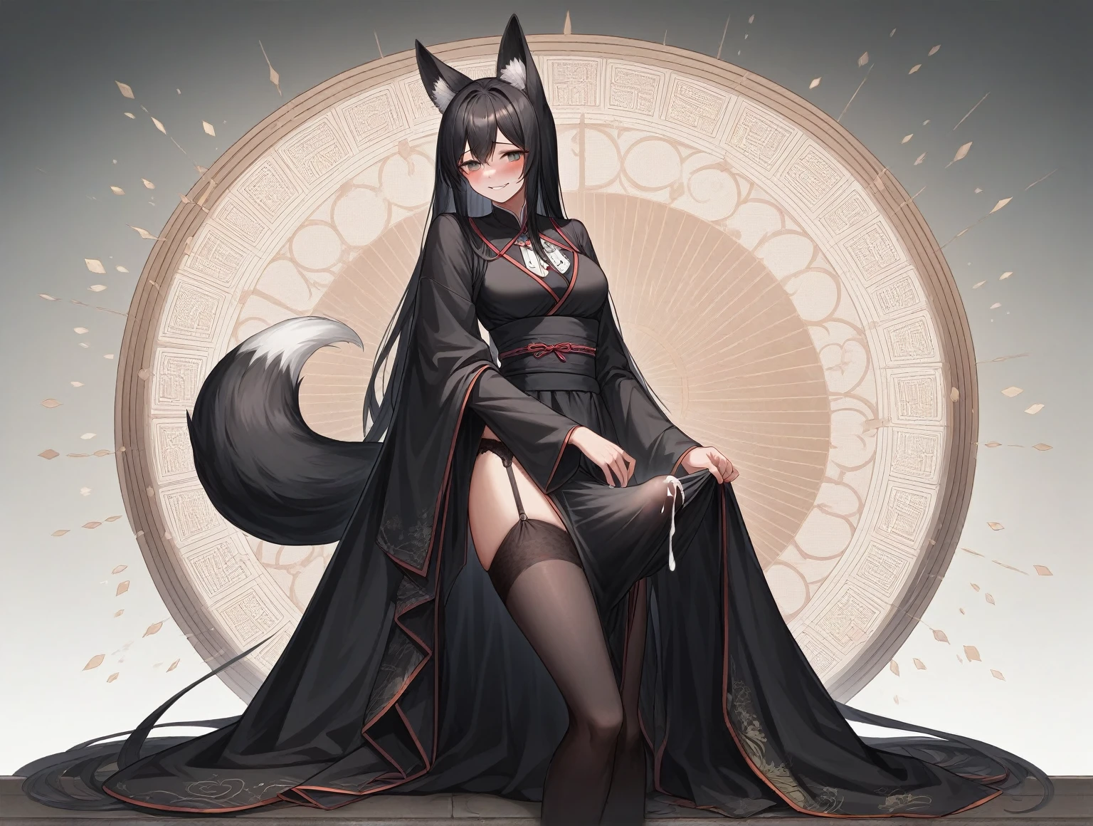 (extremely detailed CG unity 4k wallpaper),(masterpiece),(best quality),(ultra-detailed),(best illustration),(best shadow),(absurdres),(detailed background), black kimono, big bulge futanari, cumming under cloth, Detailed face, Detailed hair, Japanese, shy, blush, smile, Rich, Mansion setting, long black hair, black garter belt, black stocking, fox ear, fox tail