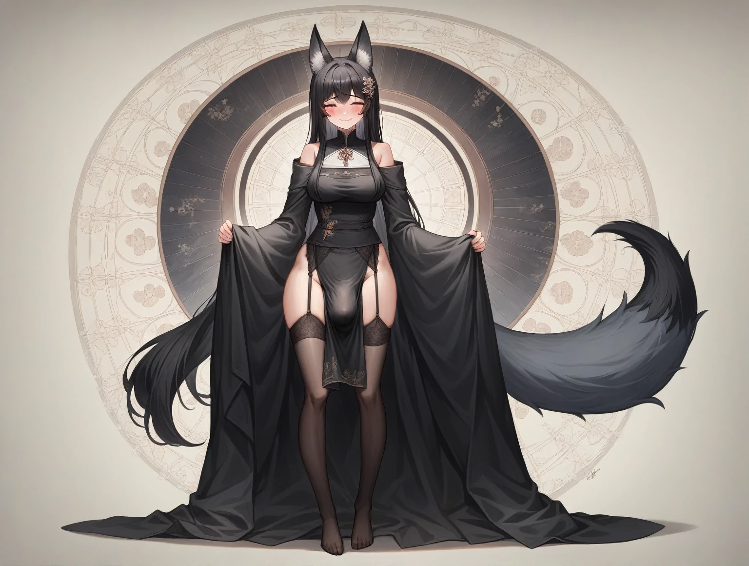 8K, Super detail, ccurate, Best quality, Masterpiece, Super detail, High details, High quality, Best quality, A high resolution ，1girll, long balck hair, The kitsune of the new year, huge breasts, tall girl, thicc tighs