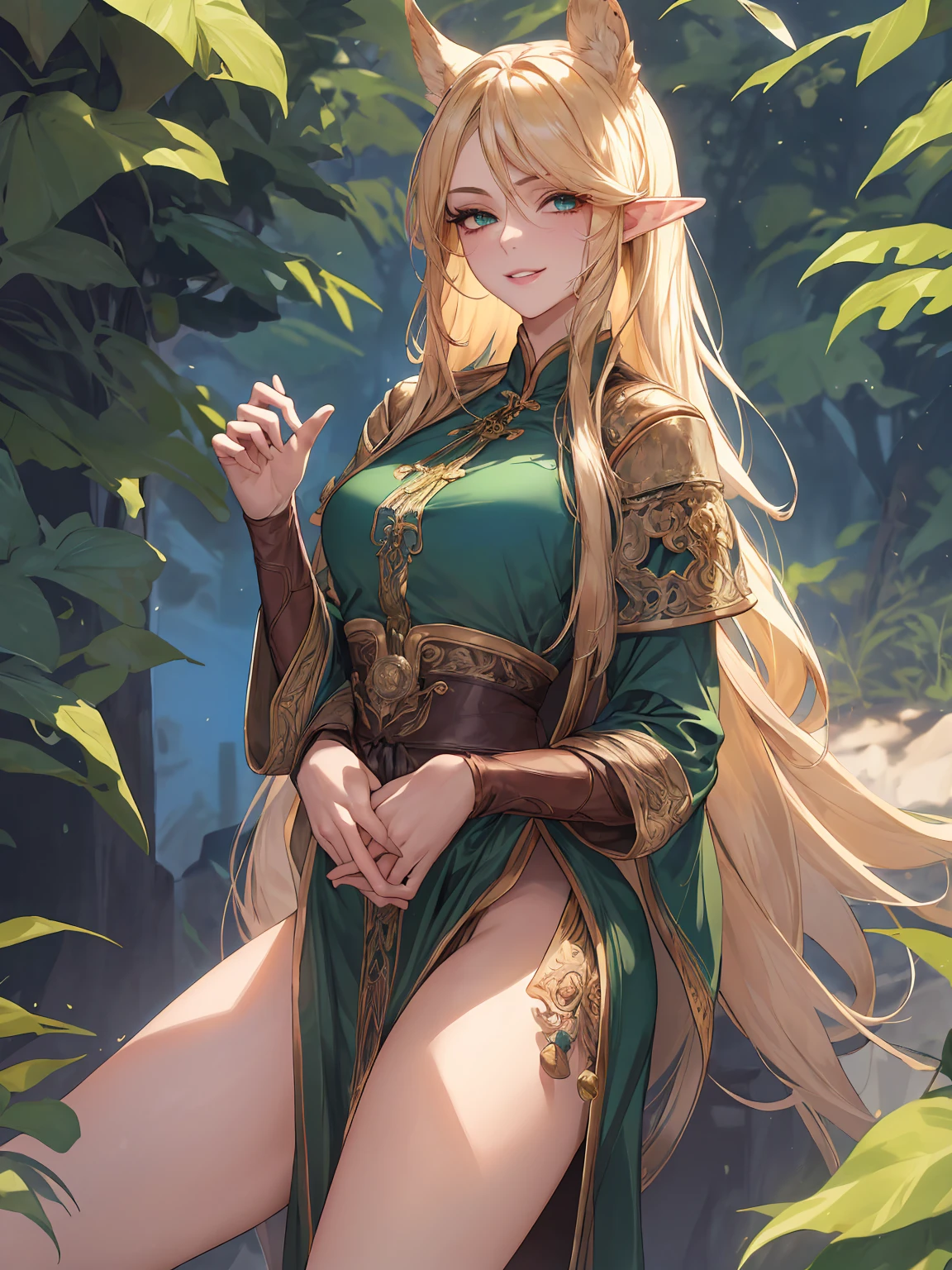 (Masterpiece: 1.2), (best quality: 1.2) 1 woman, Elf Woman, matures, high (1.85), Appears to be about 28 years old., she had long golden hair (gold), Straight and shiny hair with Korean bangs., Eyes as green as the most beautiful emeralds, Ultra-realistic eyes, ดวงตาที่มีรายละเอียดhigh, Eyes in proportion to your face, very detailed eyes, perfect eyes, Extremely realistic eyes, Eyes lined together, Long eyelashes, anime style , The ears are slightly pointed., Ears are in proportion to your face., Extra detailed ears, perfect ears, perfect face, A face that looks about 28 years old, full lips, smile, matures, white skin, Natural body, sexy body, MILF body, perfect hand, detailed hands, The hands are in good proportion to the body., realistic hand, The arm has good anatomy., She wore only a flawless emerald green dress that still couldn&#39;t hide her large breasts that were sagging due to her size., thick thighs, wide hips, looking at the audience, Background settings, It is in an elf forest with a wooden house in the background., posing alone looking at the audience