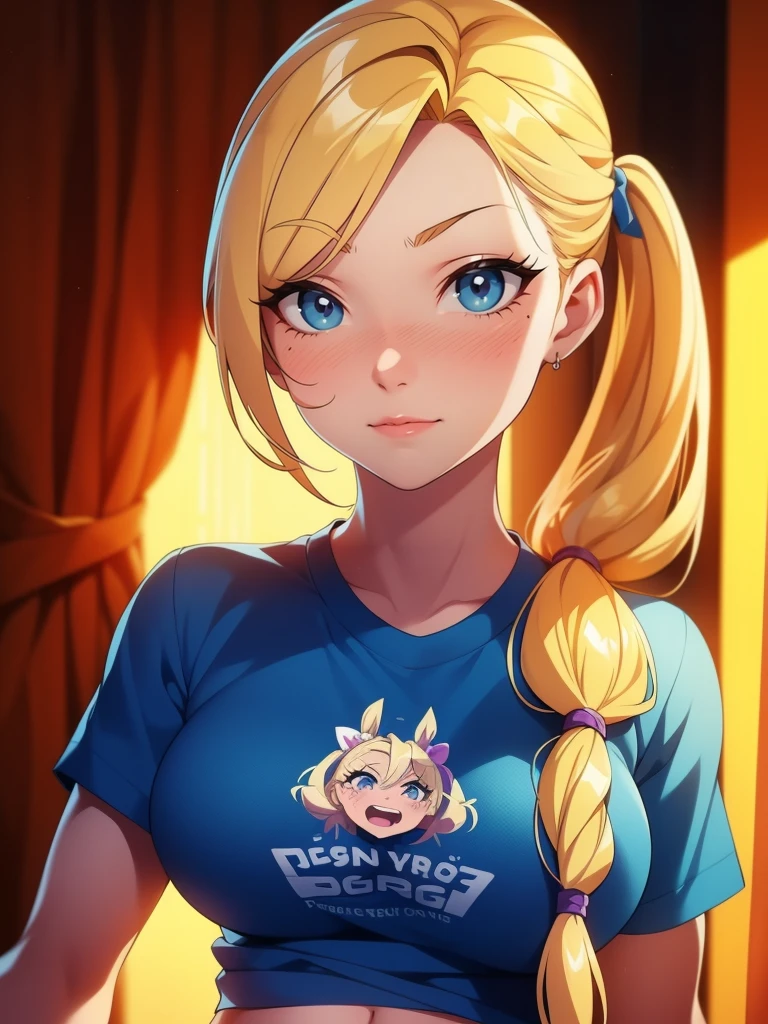 1girl, solo, portrait of a woman with blonde hair, long flowing pigtails, wearing a blue shirt, wearing a t-shirt, shirt tied in a shirt knot, exposed navel, anime illustration, anime girls, vivid colors, detailed facial features, dramatic lighting, digital painting, trending on ArtStation