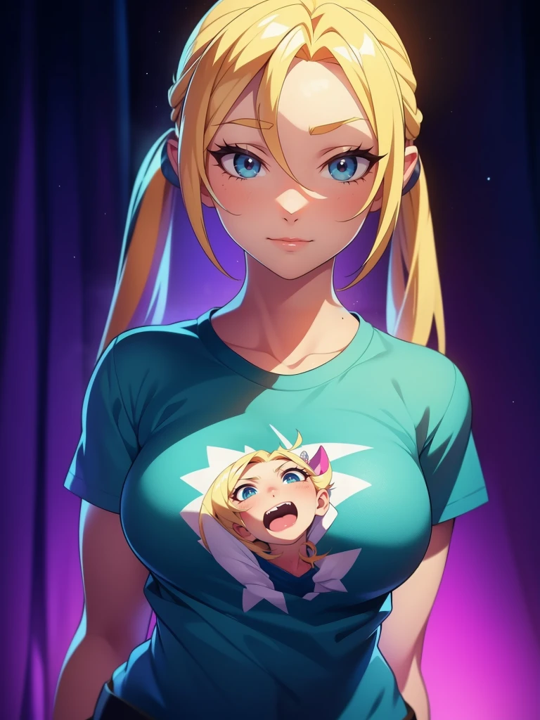 1girl, solo, portrait of a woman with blonde hair, long flowing pigtails, wearing a blue shirt, wearing a t-shirt, shirt tied in a shirt knot, exposed navel, anime illustration, anime girls, vivid colors, detailed facial features, dramatic lighting, digital painting, trending on ArtStation