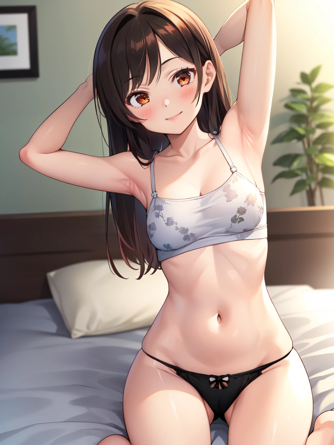 (1 girl), (Fine brown eyes), (Exquisite iris detail), (return), (Girl in a dress), (Lower your eyes), (Chizuru Mizuhara), (White returnground),Highest quality, High resolution, masterpiece, (Beautiful Eyes), (fine grain), Detailed face,  smile, blush, indoor, Bedroom, White bed, View your audience, Sit on the bed, (stretch:1.5), (Wide pelvis:1.5), (Big Ass), (black_good:1.5), (black_panties:1.5), (Thick thighs), Browsing Caution, (Perfect hands, Perfect Anatomy),
