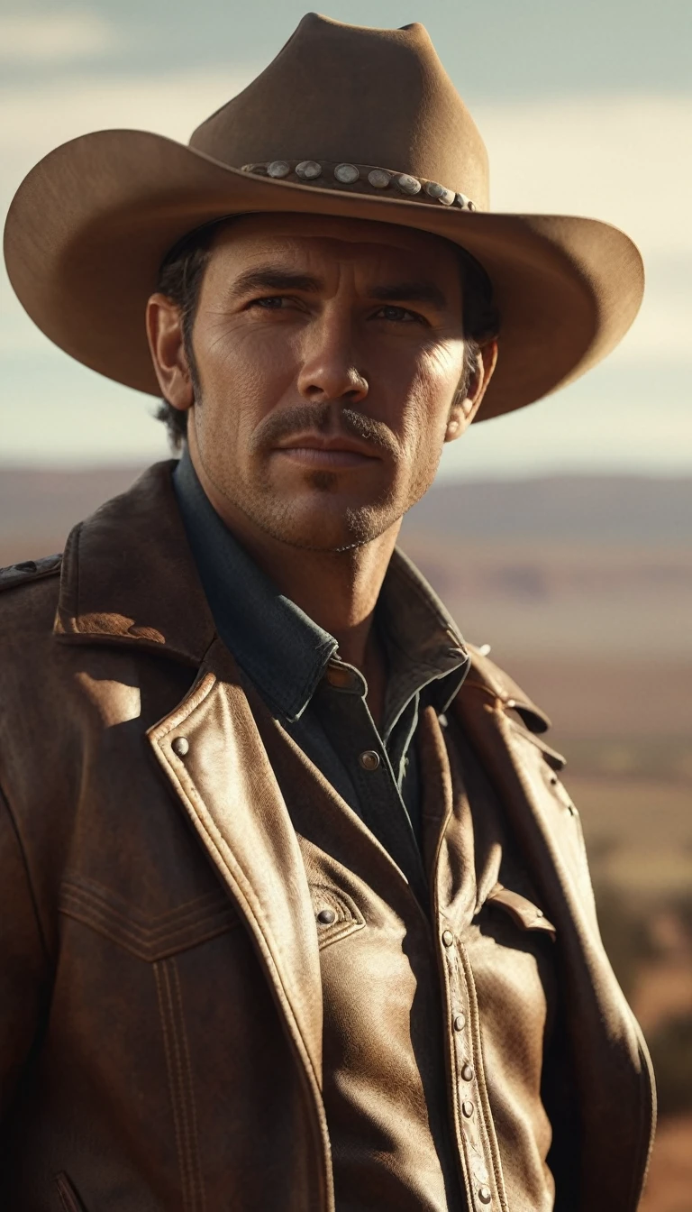 a cowboy in a vintage style, digital art, ((detailed portrait of a cowboy)), cowboy hat, rugged face, serious expression, leather jacket, lasso, wide open landscape, dramatic lighting, warm color tones, muted color palette, (masterpiece:1.2), hyper detailed, cinematic, photorealistic, unreal engine, 8k