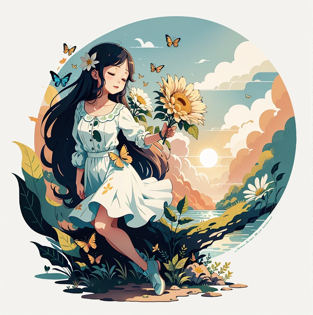 swooping:the sun is shining,flowers blooming,dancing butterflies,It was as if the earth cried out the arrival of spring。Illustration of mobile wallpaper,Nature views, minimalist illustration, Line illustration, colorfully。Circular composition,flat illustration。