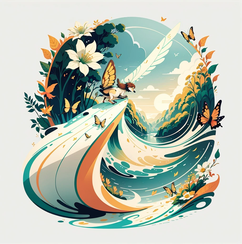 swooping:the sun is shining,flowers blooming,dancing butterflies,It was as if the earth cried out the arrival of spring。Illustration of mobile wallpaper,Nature views, minimalist illustration, Line illustration, colorfully。Circular composition,flat illustration。