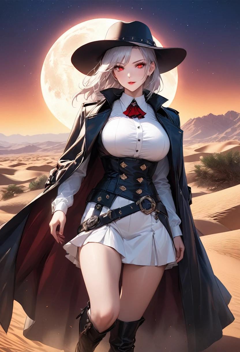 (black and white 19th century photograph style: 1.5) picture of a female vampire cowboy in the desert night, a goth beauty, exquisite beautiful female vampire, ((anatomically correct: 1.5), (ultra detailed face: 1.2), best detailed face, red glowing eyes, full body, busty, wearing white bottom shirt, short skirt, dynamic color. wearing (cowboy hat: 1.2), wearing high heeled boots, wearing open black trench coat, flowing trench coat, it is night time in the desert, moon light. moon rays, west America desert canyon background, Hyperrealism style, vibrant, Ultra-high resolution, High Contrast, (masterpiece:1.5), highest quality, Best aesthetics), best details, best quality, highres, ultra wide angle, 16k, [ultra detailed], masterpiece, best quality, (extremely detailed) RAW, chumbasket art style, rpg portrait photograph,