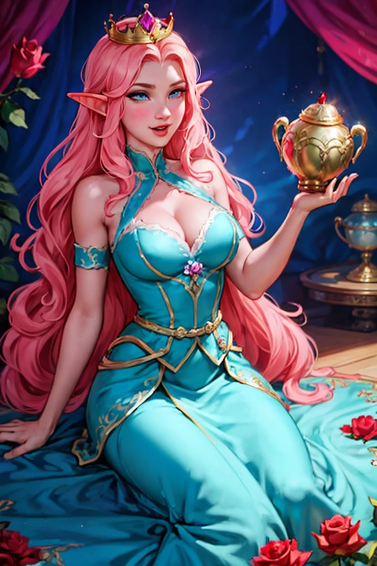 Woman, long wavy hair, pink hair, blue eyes, elf,Crown, holding roses, happy, big , sexy, powers, dragon next to ,Dress,