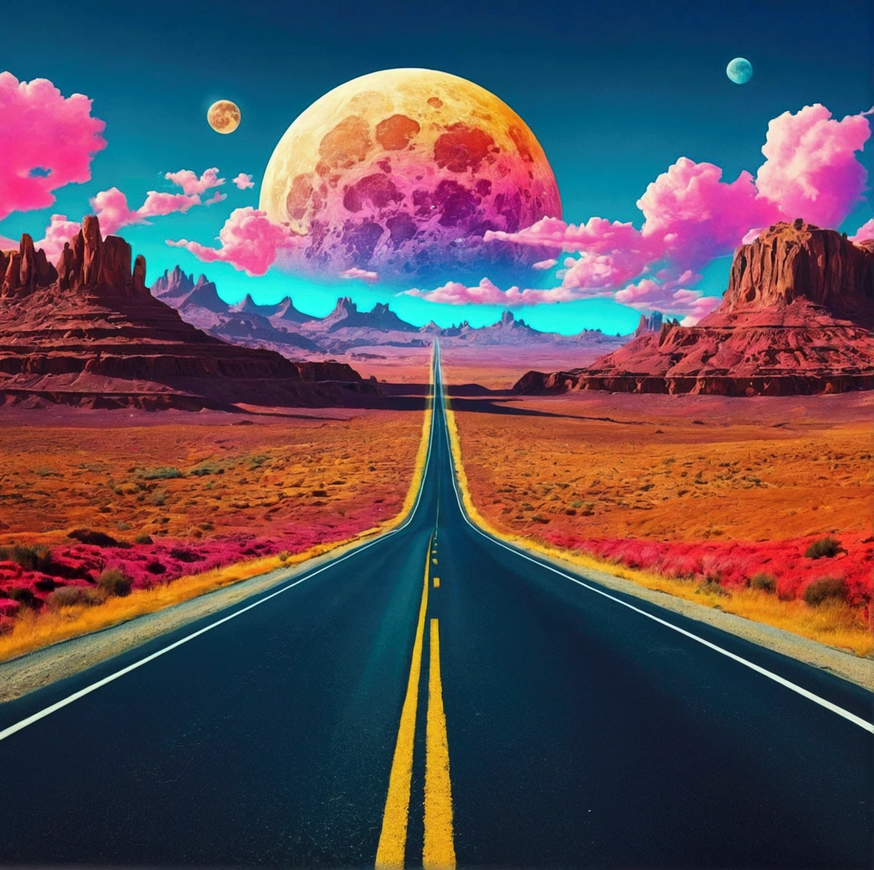 trippy image- colorful- used for people who are high- moon- road- road trip- sky