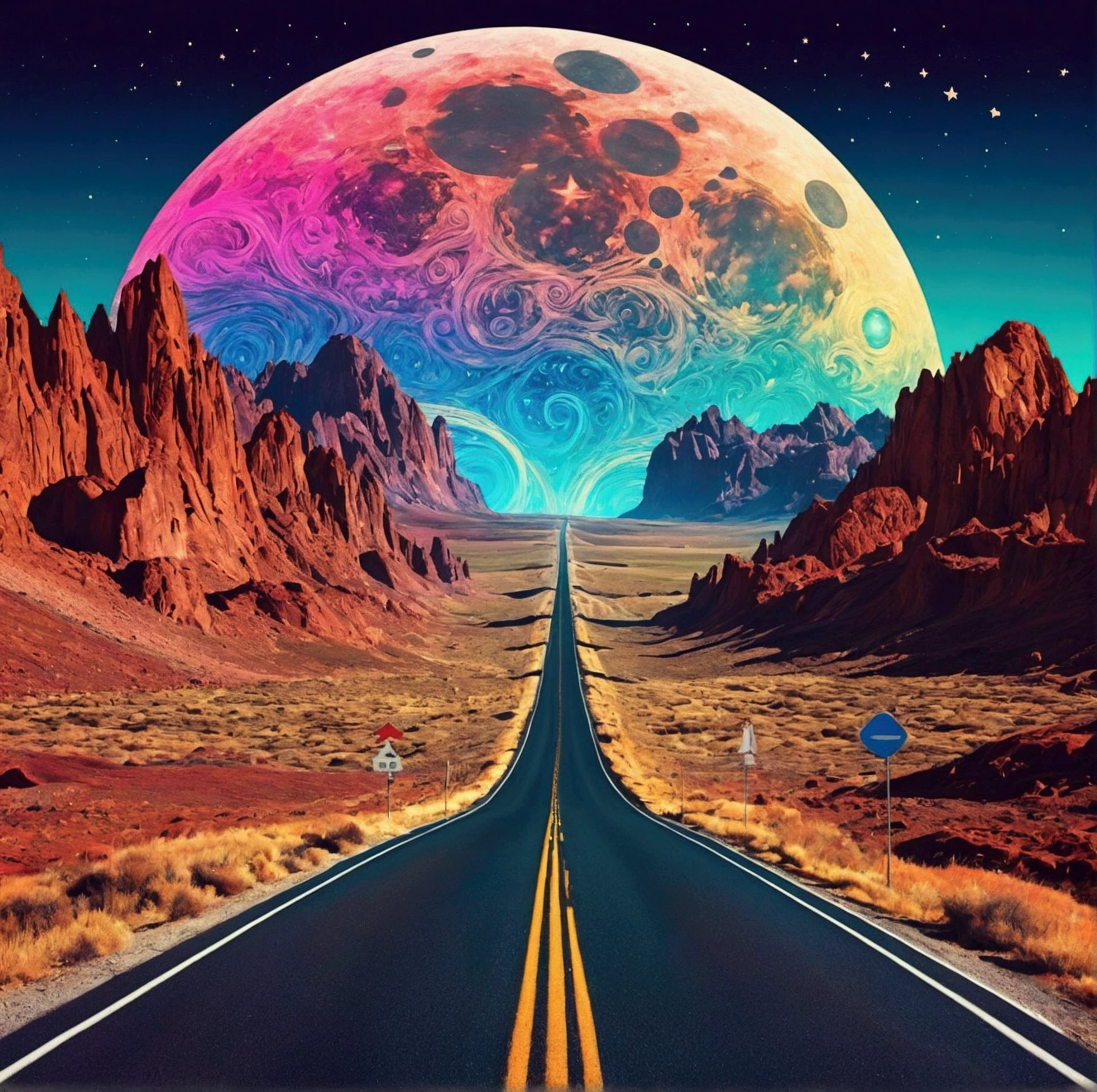 trippy image- colorful- used for people who are high- moon- road- road trip- sky