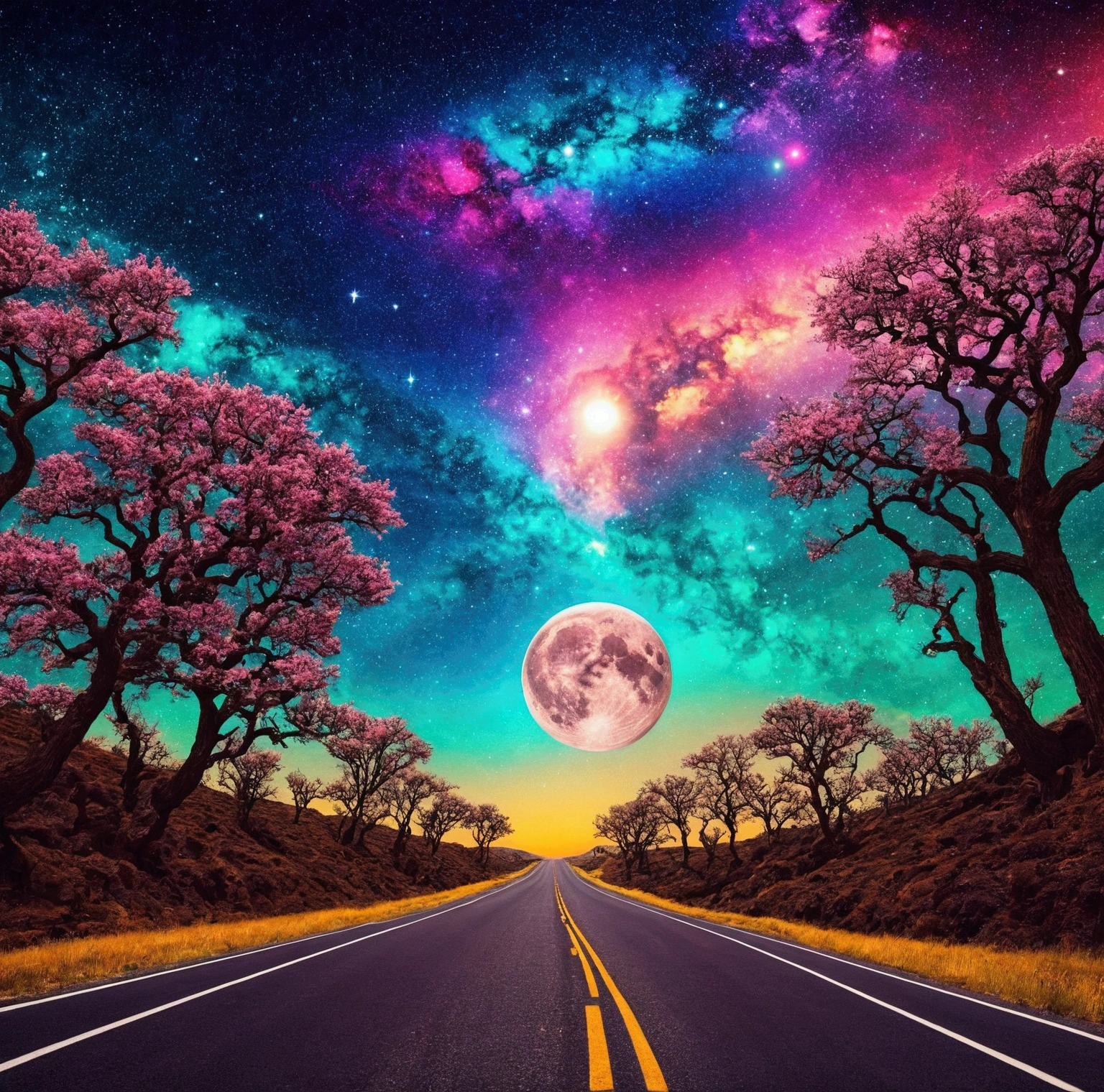 trippy image- colorful- used for people who are high- moon- road- road trip- sky