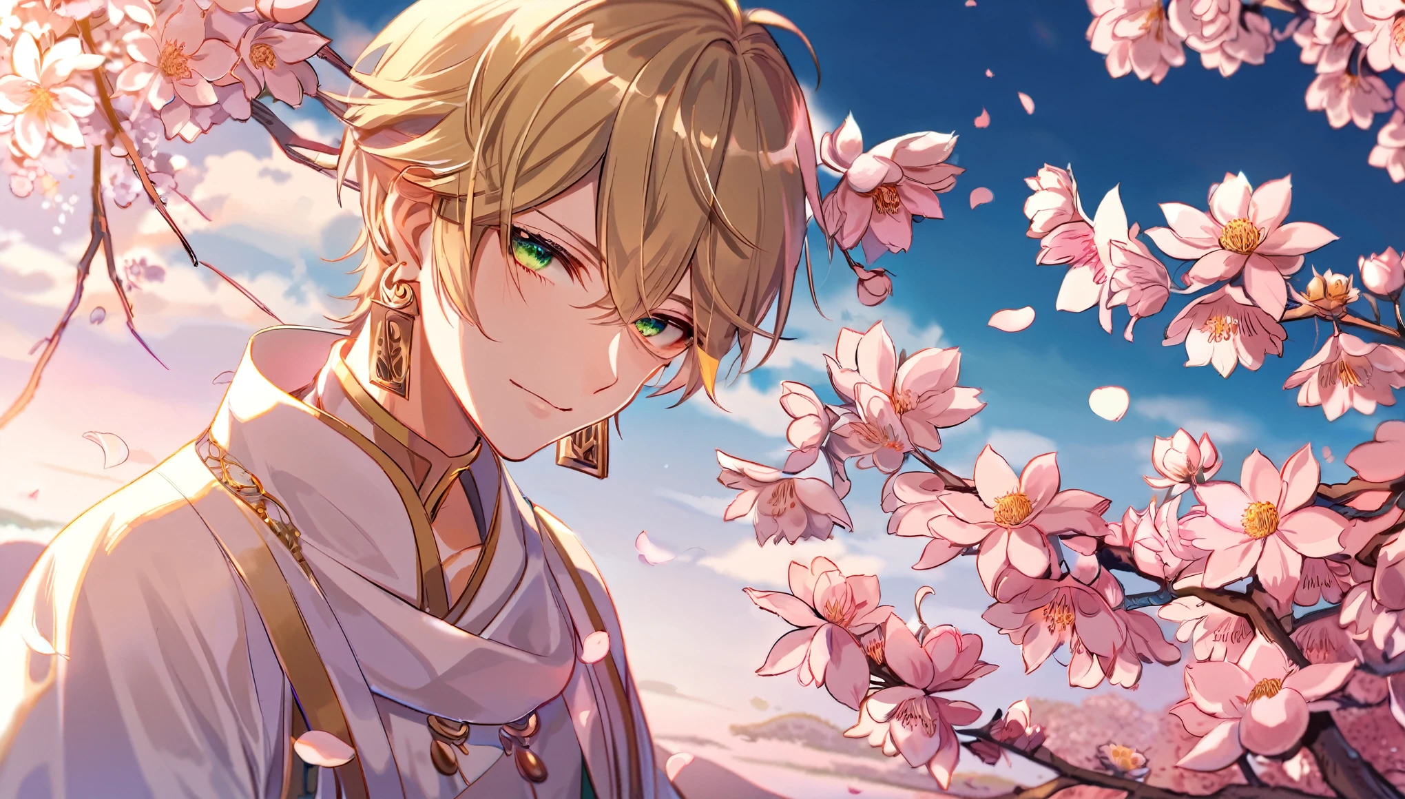 (absurdres, highres, ultra detailed, HDR), master piece, best quality, perfect face, delicate features, vibrant green eyes, solo, man, handsome, Taishakuten, ash-blond hair, hair between the eyes, white tunic, showing the chest, lotus earrings, onmyoji, pink moon, pink flames, pink petals, pink butterflies, sky, blossoms