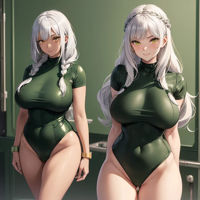 (Master piece, absurdres, best high quality image, carefully detailed textures, very detailed image and background, multiple views)
{{(1character: 27 years old silver hair henchgirl: (tanned skin, yellow eyes, long silver hair tied in a braid, beautiful face, beautiful voluptuous figure, beautiful legs, beautiful arms, big breasts, beautiful hips, big butt), (gentle smile, friendly demeanor, cheerful pose), (green and black leotard, green wristbands, black heeled shoes), (military training room))}}