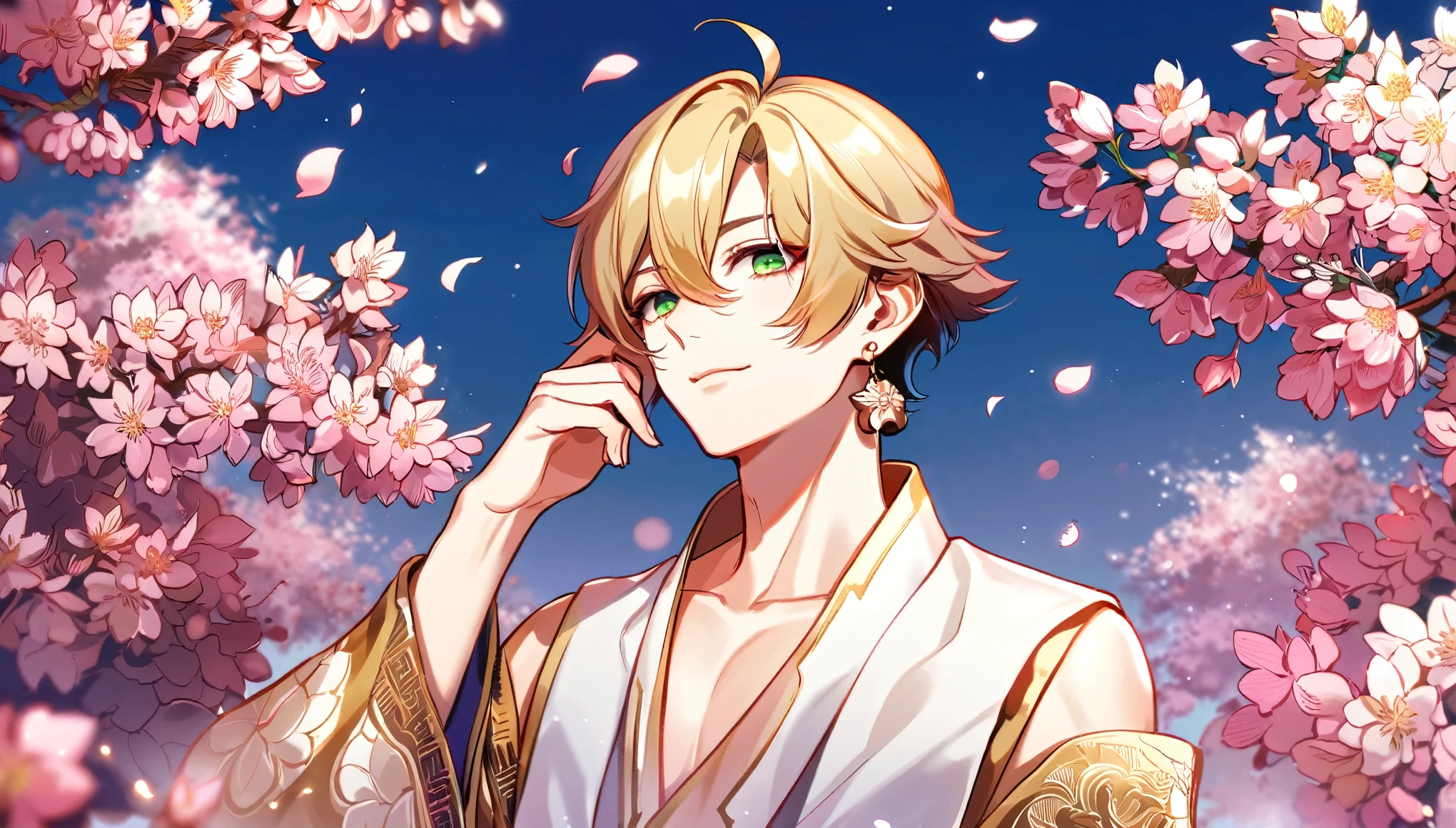 (absurdres, highres, ultra detailed, HDR), master piece, best quality, perfect face, delicate features, vibrant green eyes, solo, man, handsome, Taishakuten, ash-blond hair, hair between the eyes, white tunic, showing the chest, lotus earrings, onmyoji, pink moon, pink flames, pink petals, pink butterflies, sky, blossoms