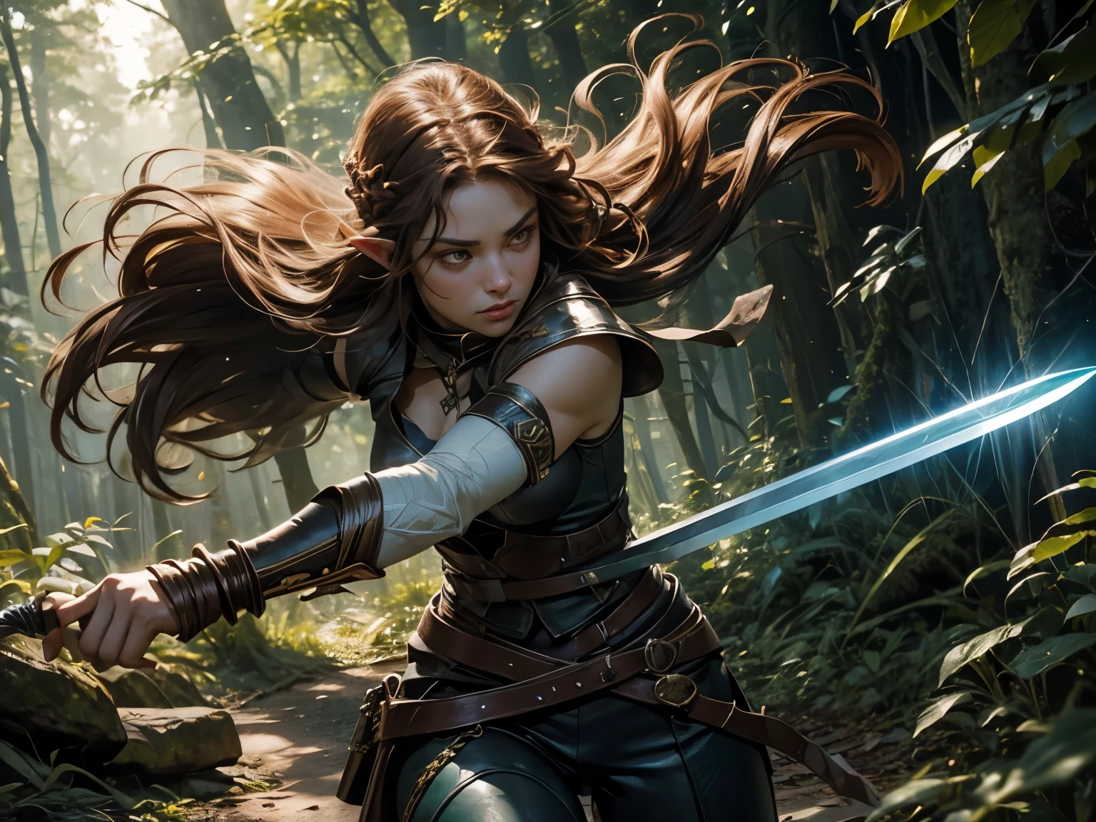 Echo, a 22-year-old half-elf. She has caramel skin with a golden glow, thick light chestnut hair with soft waves, and brown eyes with green hues. Her face is oval with soft features and pronounced cheekbones, adding harmony. She has full, attractive lips with a natural blush. Her beauty radiates strength and confidence, and a slight scar over her right eyebrow adds a warrior's touch. Her ears are small, like a human's, but pointed like an elf's. Her physique is athletic, toned, slim, and flexible, with rounded, firm curves. She wears leather bracers on both wrists, with a decoration in the shape of a translucent white orchid made of precious stones in the left bracer. Echo is in motion, attacking an enemy. The camera is shot from a low angle, showing her from below to emphasize her strength and aggression. She leaps forward, holding a short sword in one hand and a wavy-bladed dagger in the other. Her light chestnut hair flows in the air, her braid slightly unraveled from the active movement. She wears a dark leather vest and dark turquoise pants that tightly hug her body. Her muscles are tense, her face showing determination. Throwing knives are visible on her right thigh. In the background, a forest clearing is seen where the battle takes place.