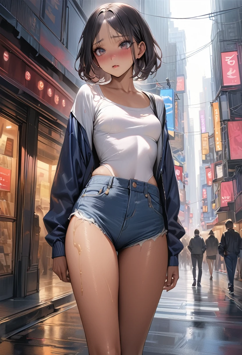 ((masterpiece,Highest quality:1.3,best quality illustration)),(realistic)、cowboy shot,独奏,1woman,(Mature Beauty),black hair,(very short bob hair),bangs,black eyes,(gorgeous  big eyes),(very small head),shy,(very long body,skinny,slender body,tan skin),small breasts,gleaming skin,oily skin,(Navy blue baseball jacket、denim micro shorts、on street,New York City、