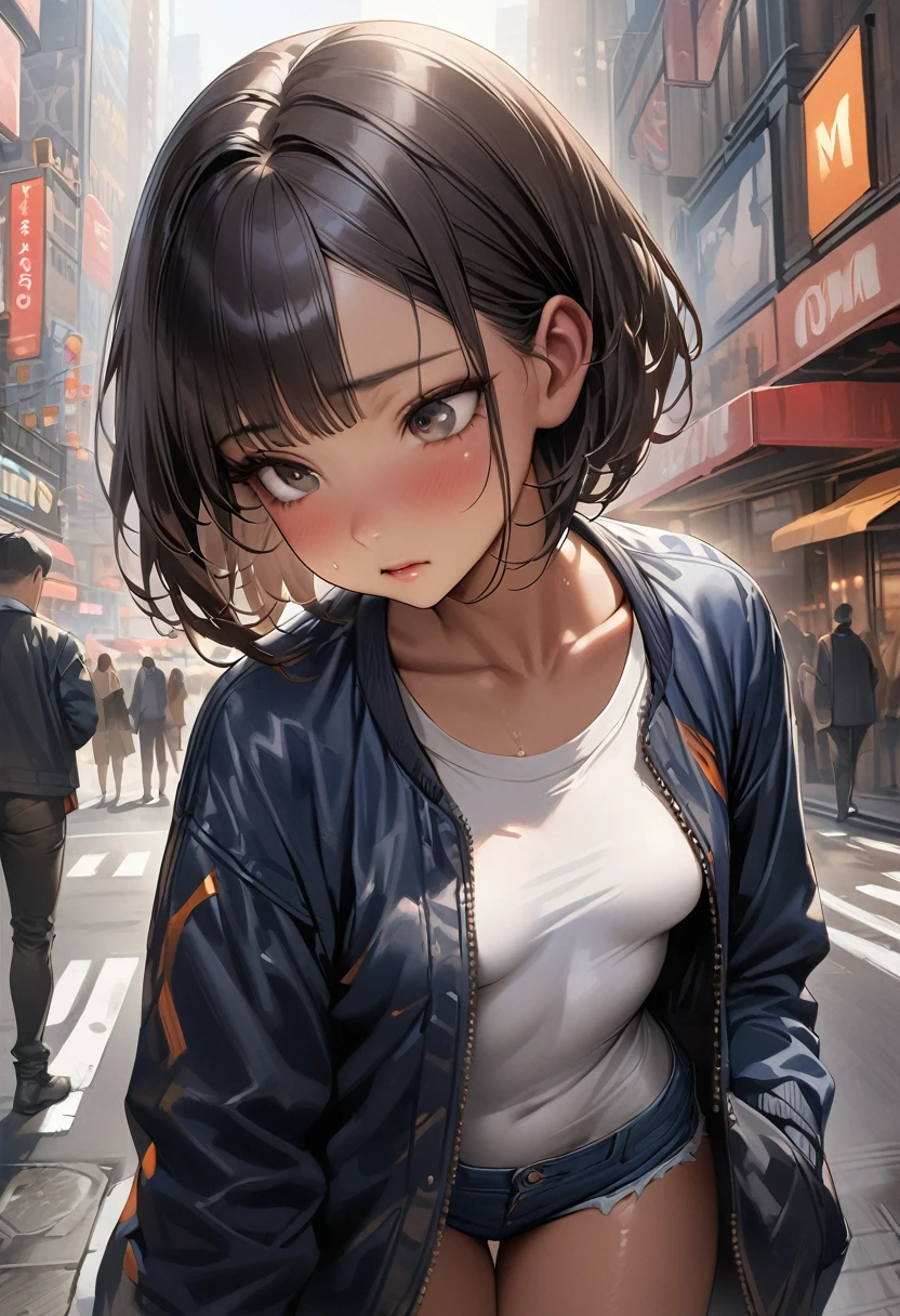 ((masterpiece,Highest quality:1.3,best quality illustration)),(realistic)、cowboy shot,独奏,1woman,(Mature Beauty),black hair,(very short bob hair),bangs,black eyes,(gorgeous  big eyes),(very small head),shy,(very long body,skinny,slender body,tan skin),small breasts,gleaming skin,oily skin,(Navy blue baseball jacket、denim micro shorts、on street,New York City、