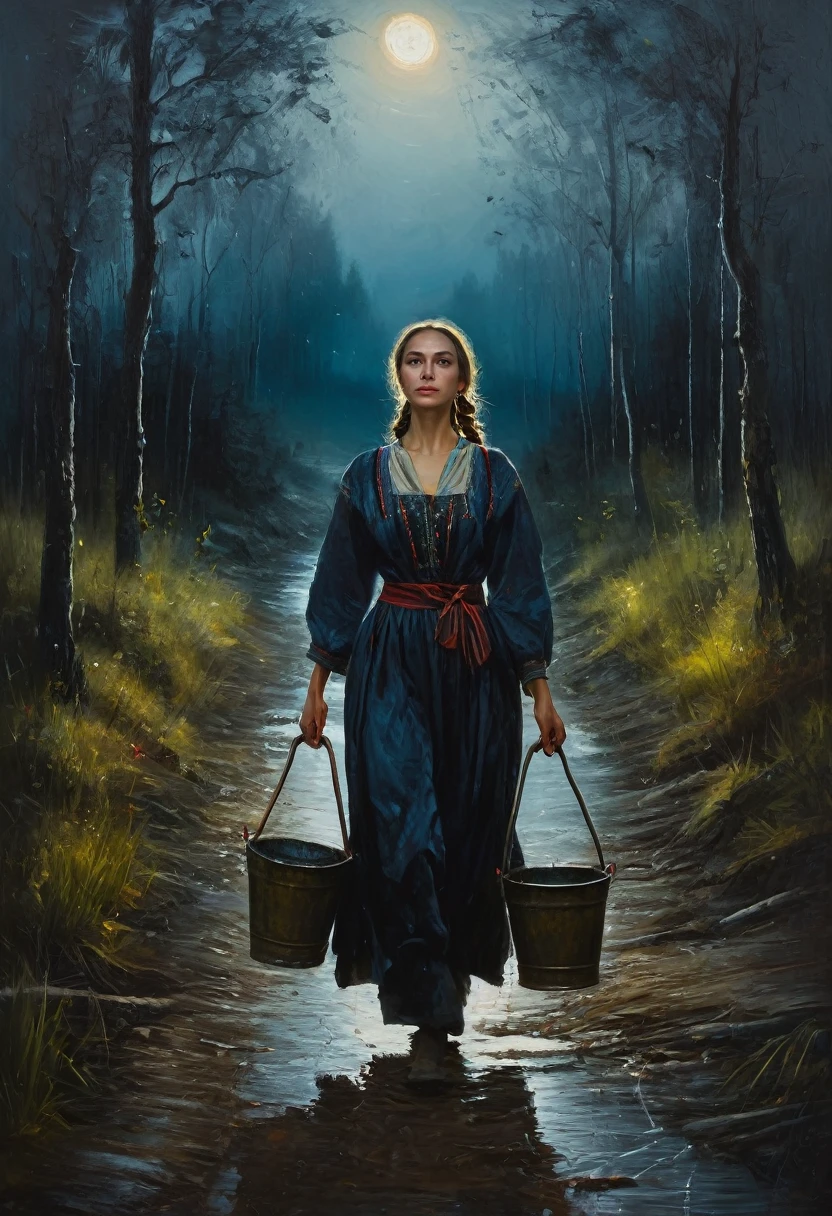 painting of a woman in Russian folk clothes walks along a path, ((carries a yoke with buckets full of water)), against the backdrop of a night forest , dark atmosphere, dark atmosphere, Inspiration, cinematic scene, volumetric lights, ultra realistic, in the style of nicola samori